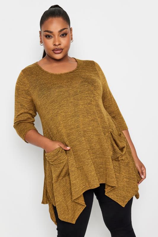 YOURS Plus Size Brown Hanky Hem Pocket Top | Yours Clothing
