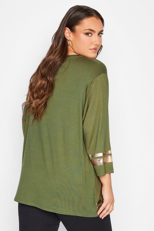 Plus Size Khaki Green Metallic Varsity T-Shirt | Yours Clothing 3