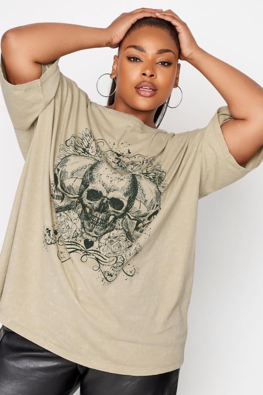 YOURS Plus Size Beige Brown Skeleton Print T-Shirt | Yours Clothing  1