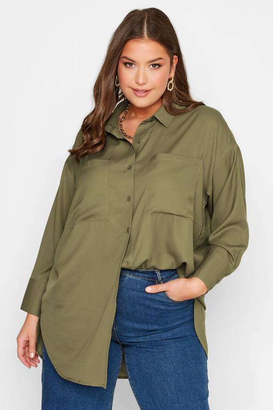 Plus Size Khaki Green Oversized Boyfriend Shirt | Yours Clothing 1