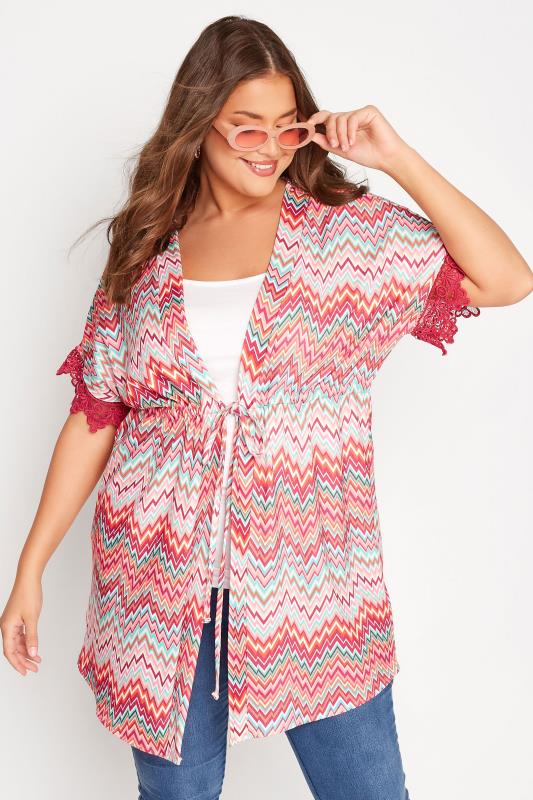 Plus Size Pink Zig Zag Crochet Trim Cardigan | Yours Clothing 1