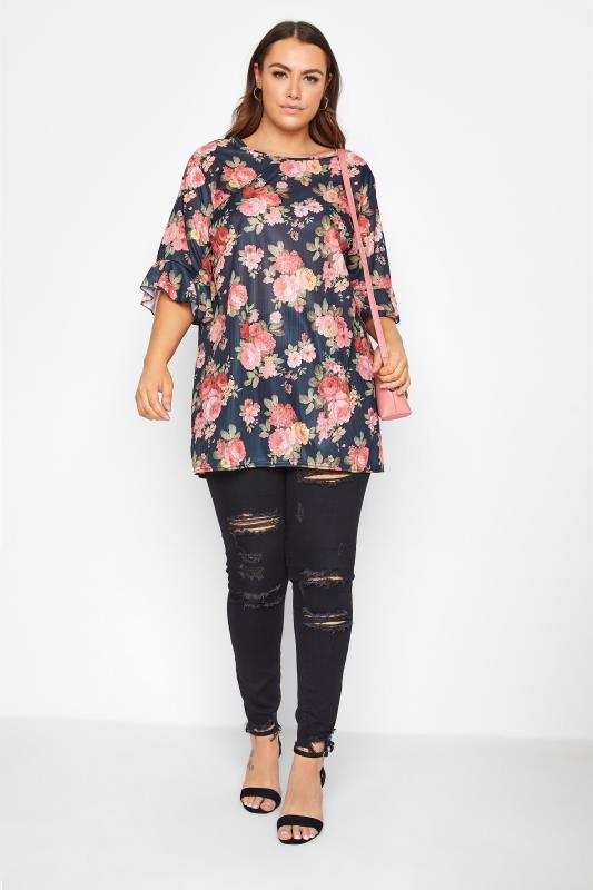 Curve Black Floral Frill Sleeve Top 2