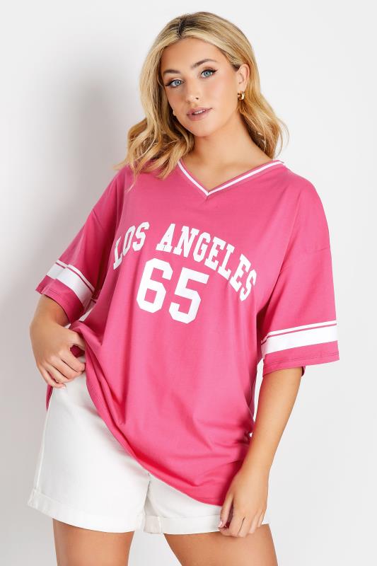 Plus Size  YOURS Curve Hot Pink 'Los Angeles' Slogan Varsity T-Shirt