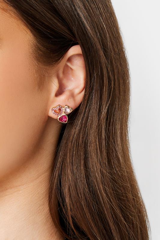 Gold & Pink Heart Cluster Diamante Earrings | Yours Clothing  1