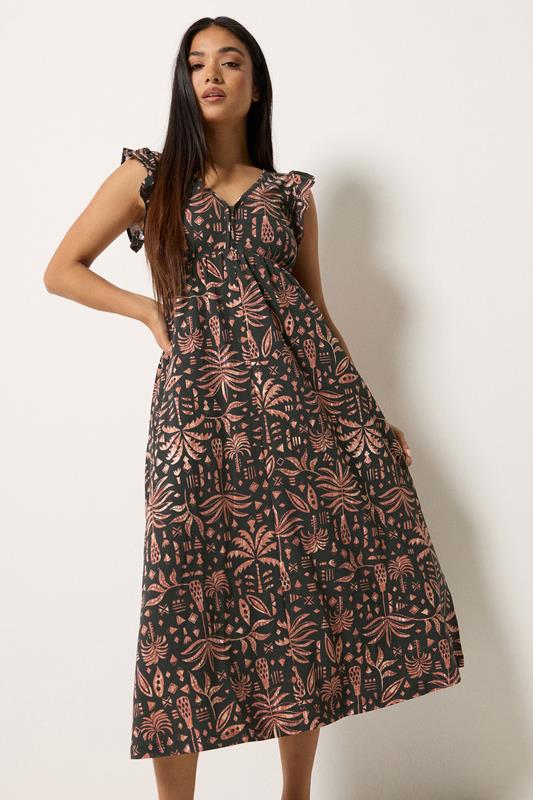  M&Co Petite vestido midi negro con mangas de volantes aztecas
