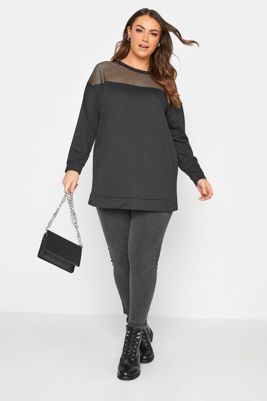 Plus Size Black Mesh Panel Sweatshirt | Yours Clothing  2