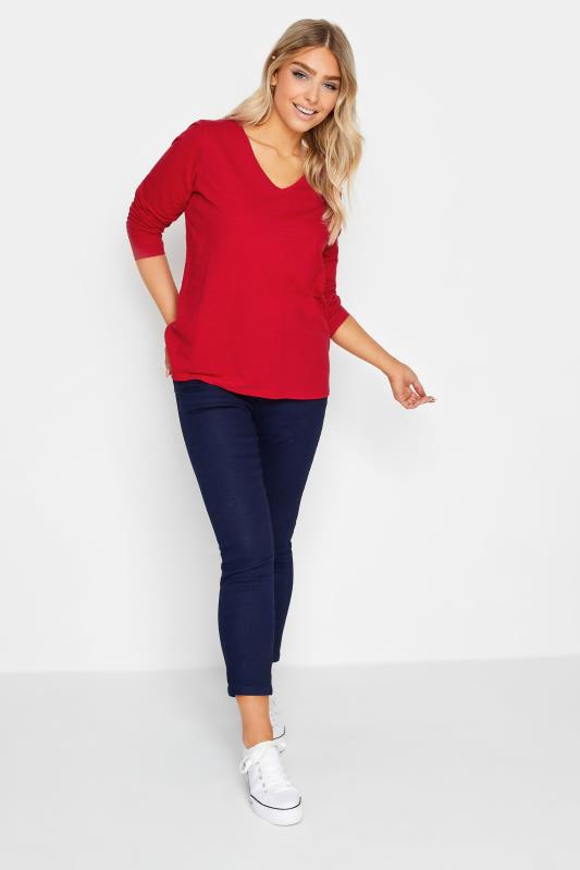 M&Co Red V-Neck Long Sleeve Cotton Blend T-Shirt | M&Co 2