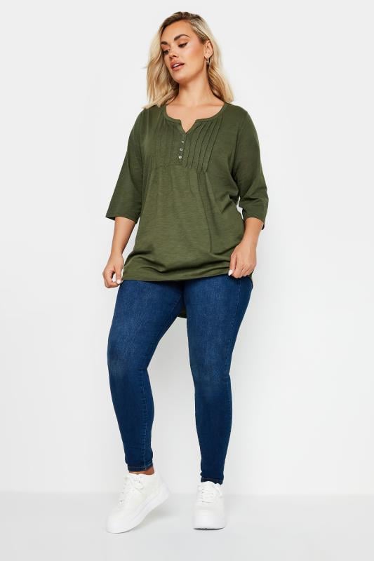 YOURS Plus Size Khaki Green Pintuck Henley Top | Yours Clothing 3