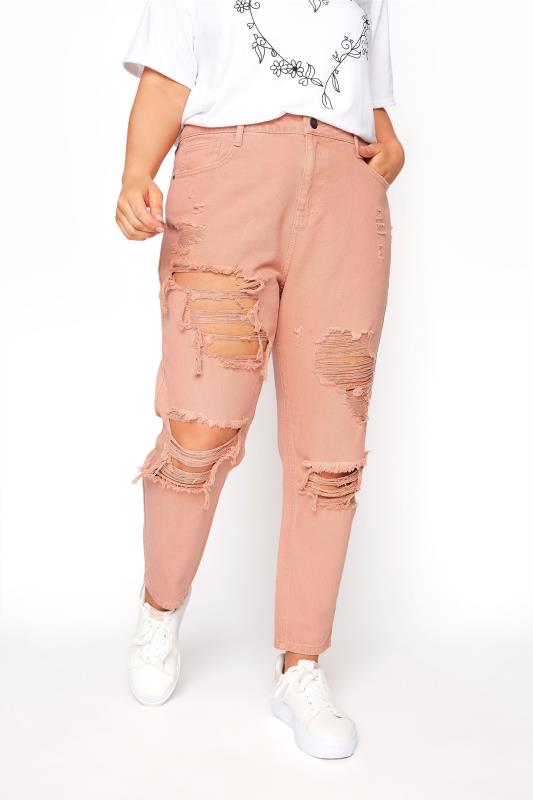 Großen Größen  YOURS FOR GOOD Curve Blush Pink Extreme Distressed MOM Jeans