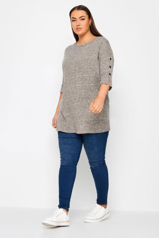 YOURS Plus Size Grey Button Sleeve Jumper | Yours Clothing 2