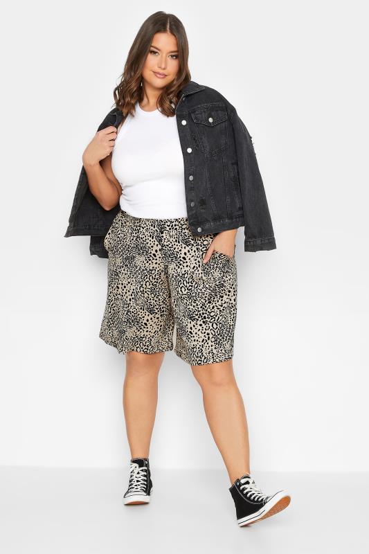 YOURS Curve Plus Size Stone Brown Leopard Print Jersey Shorts | Yours Clothing  2
