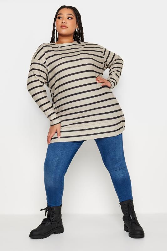 YOURS Plus Size Beige Brown Striped Side Popper Top | Yours Clothing 2