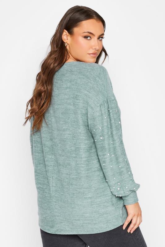 Plus Size Sage Green Pearl & Diamante Embellished Sleeve Jumper | Yours Clothing  3