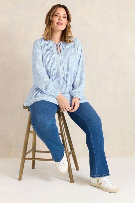 EVANS Plus Size Blue Floral Tie Neck Pintuck Blouse | Evans 2