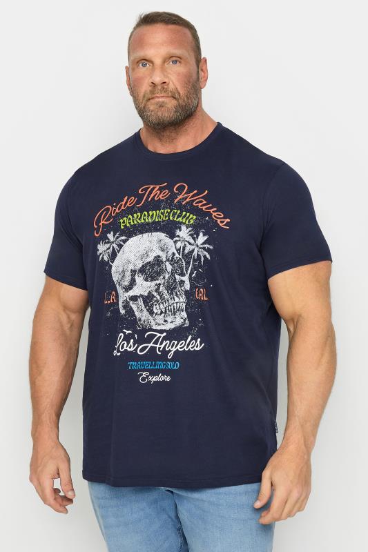  Grande Taille BadRhino Big & Tall Navy Blue 'Ride the Wave' Skull Slogan T-Shirt