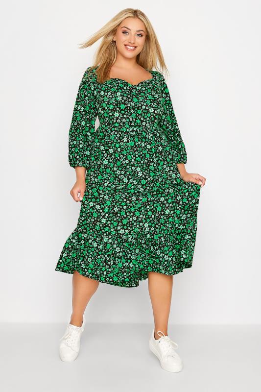Plus Size Black & Green Floral Smock Midi Dress | Yours Clothing  3