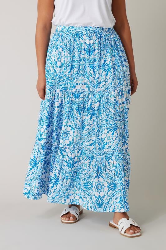 EVANS Plus Size Blue Tile Print Tiered Maxi Skirt | Evans 1