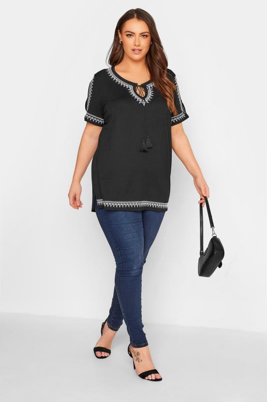 Plus Size Black Aztec Embroidered Cold Shoulder Top | Yours Clothing 2