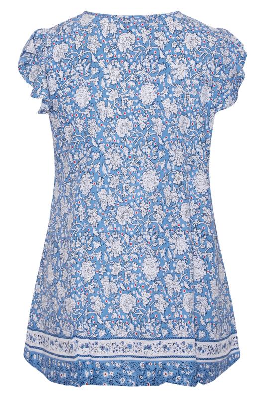 Plus Size Blue Floral Print Frill Sleeve Blouse | Yours Clothing 7