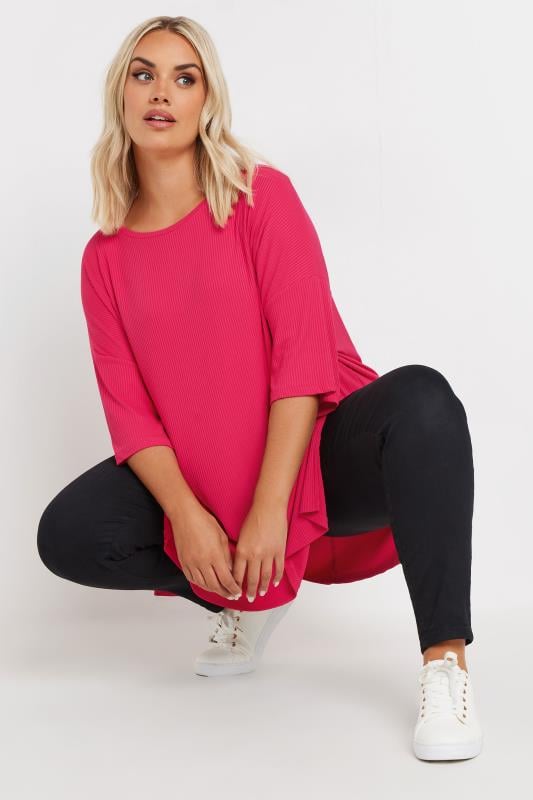 YOURS Plus Size Pink Side Split Ribbed T-Shirt | Yours Clothing 1