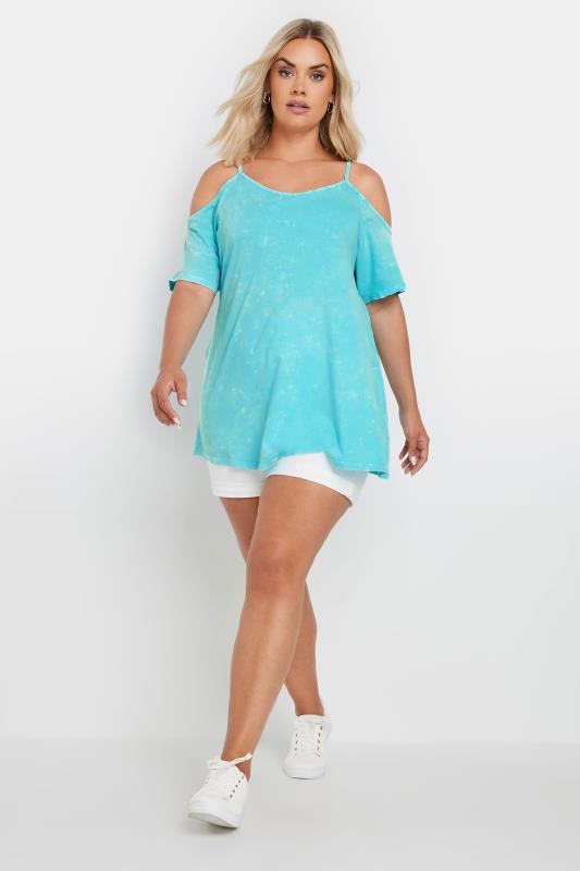 YOURS Plus Size Blue Acid Wash Cold Shoulder Top | Yours Clothing 2