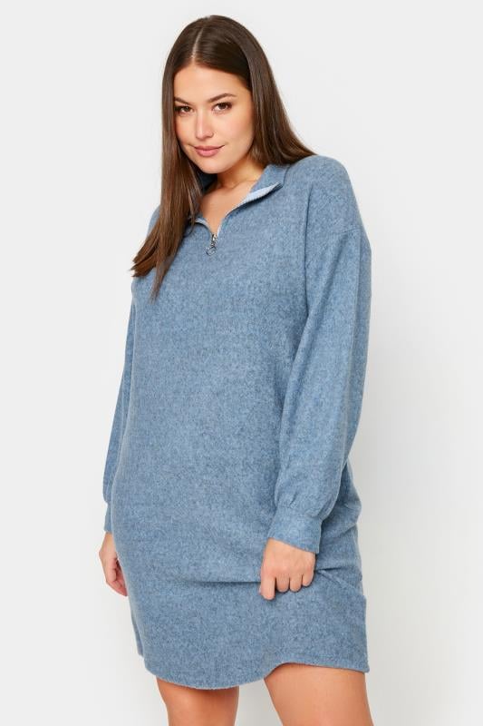  Grande Taille YOURS Curve Blue Zip Neck Soft Touch Jumper Dress