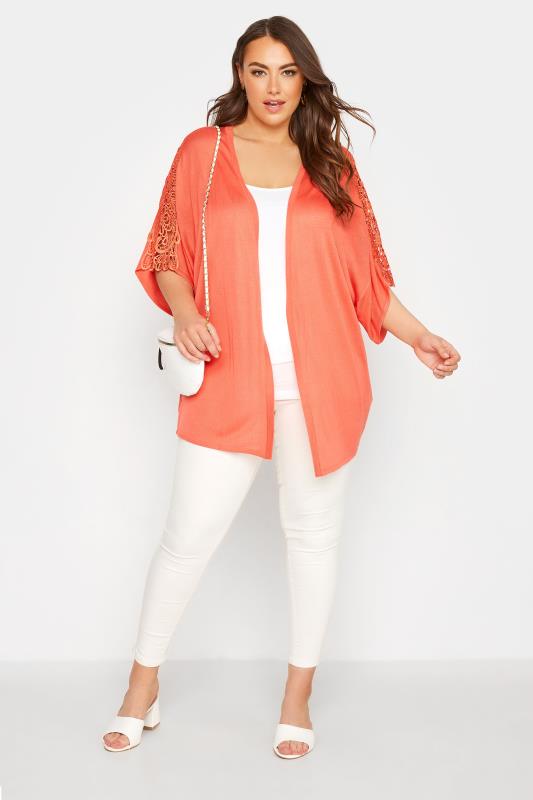 Plus Size Coral Orange Lace Sleeve Kimono Cardigan | Yours Clothing  2