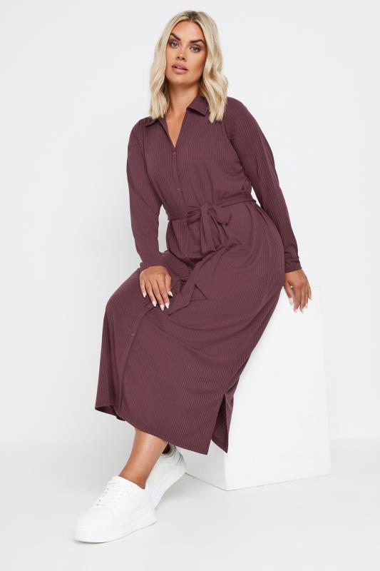 YOURS Curve Burgundy Red Ribbed Tie Waist Shirt Dress | Yours Clothing 2