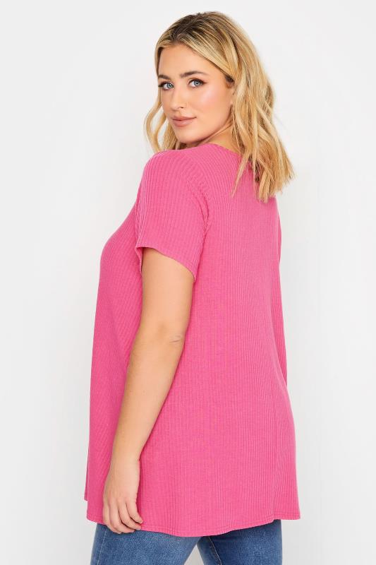 YOURS Curve Plus Size Bright Pink Ribbed T-Shirt | Yours Clothing  3