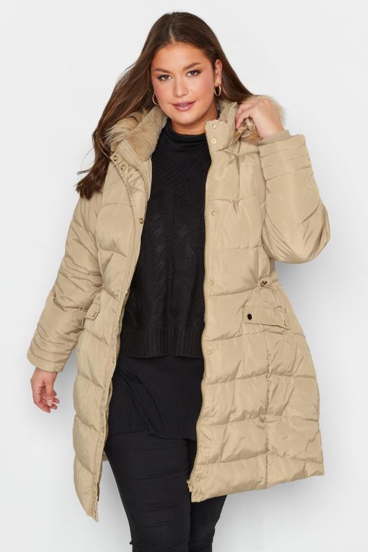 Plus Size Natural Brown Panelled Puffer Midi Coat | Yours Clothing 2