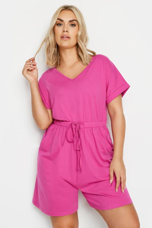 LIMITED COLLECTION Plus Size Hot Pink Drawstring Playsuit | Yours Clothing 1