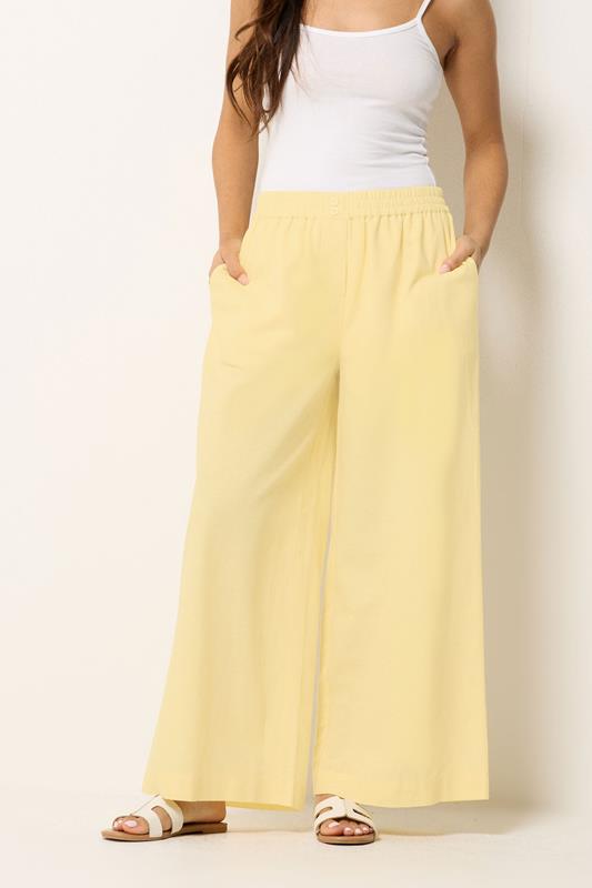 PixieGirl Petite Women's Yellow Button Linen Wide Leg Trousers | PixieGirl 1