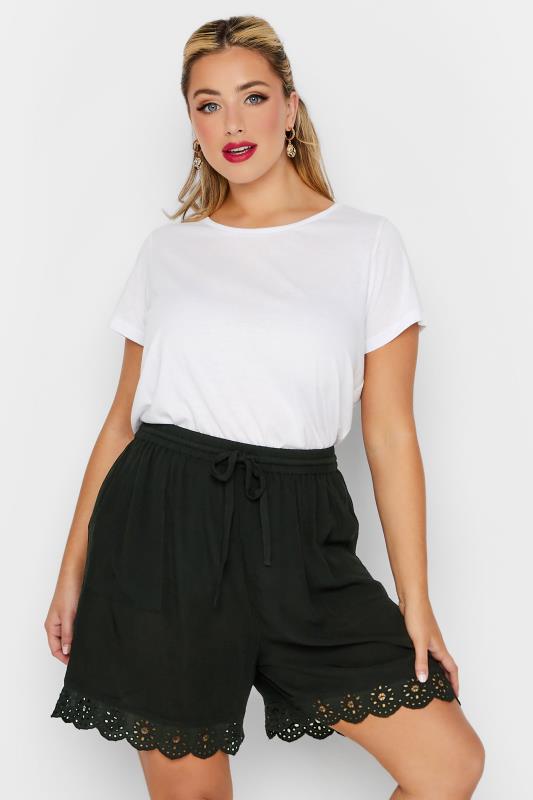 LIMITED COLLECTION Plus Size Black Broderie Anglaise Trim Shorts | Yours Clothing 1