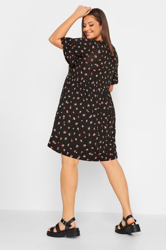 YOURS Curve Plus Size Black & Pink Ditsy Floral Print Smock Tunic Dress | Yours Clothing  3