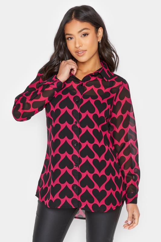 Petite Dark Pink Heart Print Oversized Shirt | PixieGirl 1
