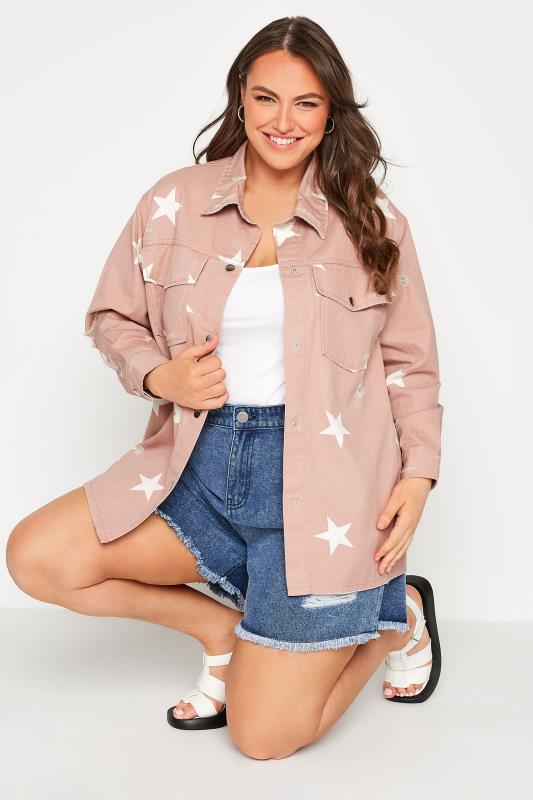 Plus Size Pink Star Print Western Style Distressed Denim Jacket  | Yours Clothing 4