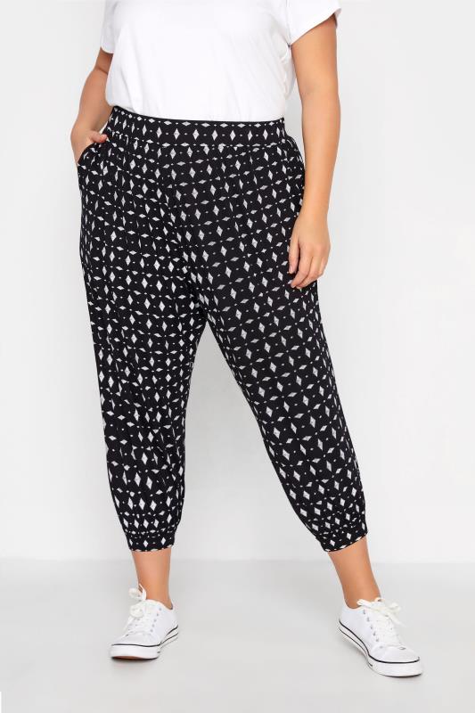 Plus Size Black Cropped Diamond Print Stretch Jersey Joggers | Yours Clothing 1