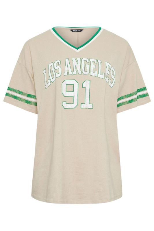 YOURS Plus Size Beige Brown 'Los Angeles' Slogan Varsity T-Shirt | Yours Clothing 5