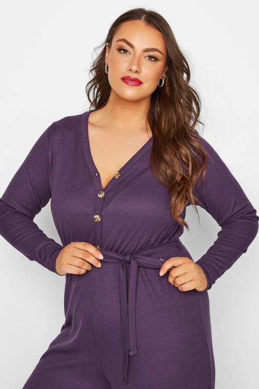 LIMITED COLLECTION Plus Size Purple Ribbed Wide Leg Jumpsuit | Yours Clothing 3