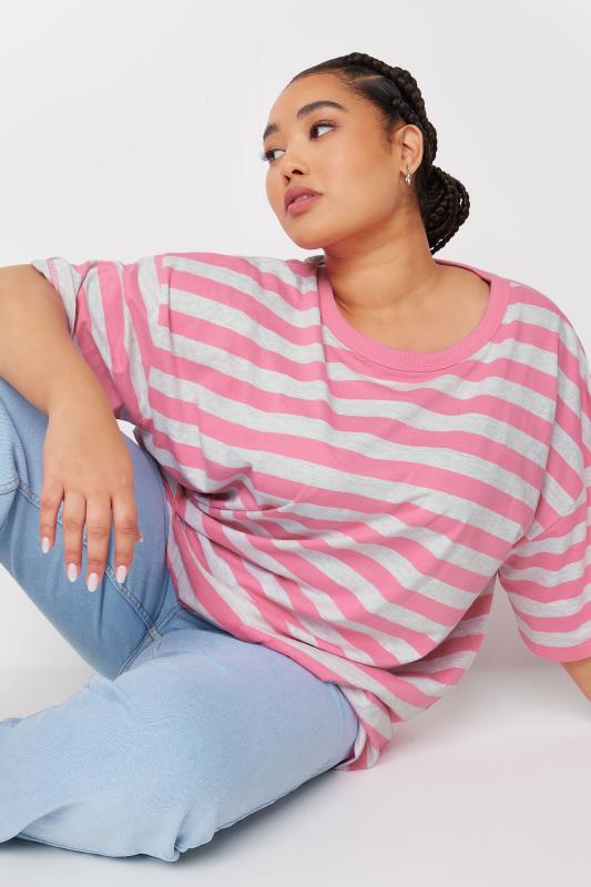 YOURS Plus Size Pink & Grey Stripe Oversized T-Shirt | Yours Clothing 4