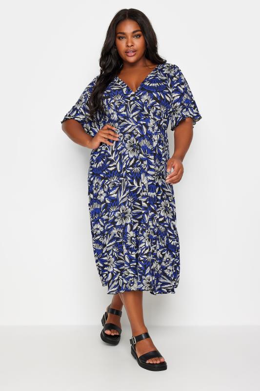 YOURS Plus Size Blue Floral Print Angel Sleeve Midi Dress | Yours Clothing 2