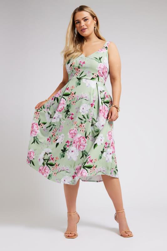 YOURS LONDON Plus Size Green Floral Square Neck Dress | Yours Clothing 2