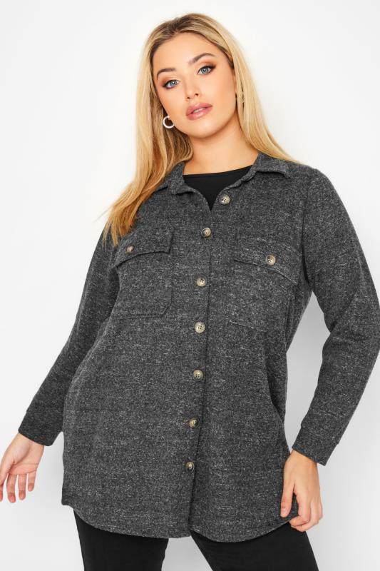 Plus Size Grey Marl Button Through Shirt | Yours Clothing 1