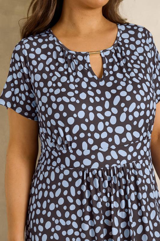 EVANS Plus Size Brown & Blue Spot Bar Detail Dress | Evans 4
