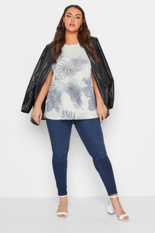 YOURS Curve Plus Size Light Grey Leaf Print T-Shirt | Yours Clothing  2