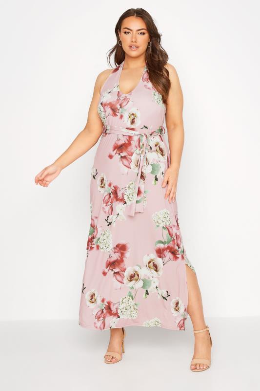 YOURS LONDON Plus Size Pink Floral Halter Neck Dress | Yours Clothing 2