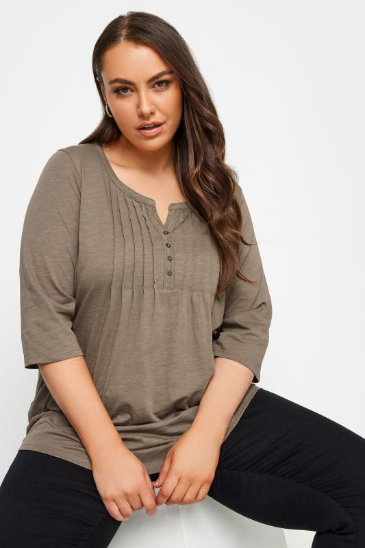 YOURS Plus Size Brown Pintuck Henley T-Shirt | Yours Clothing 4