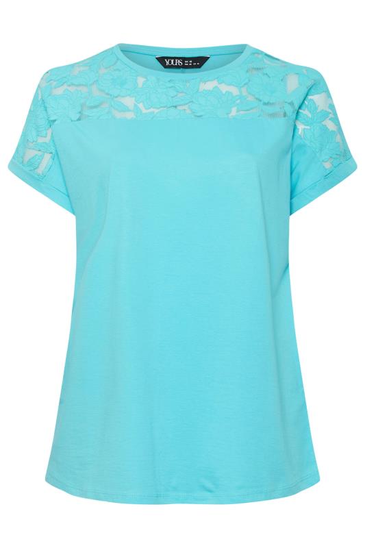 YOURS Plus Size Blue Floral Mesh Panel T-Shirt | Yours Clothing 5