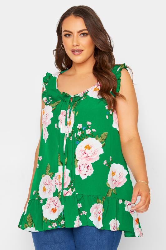 Plus Size  Curve Green Floral Pintuck Frill Top