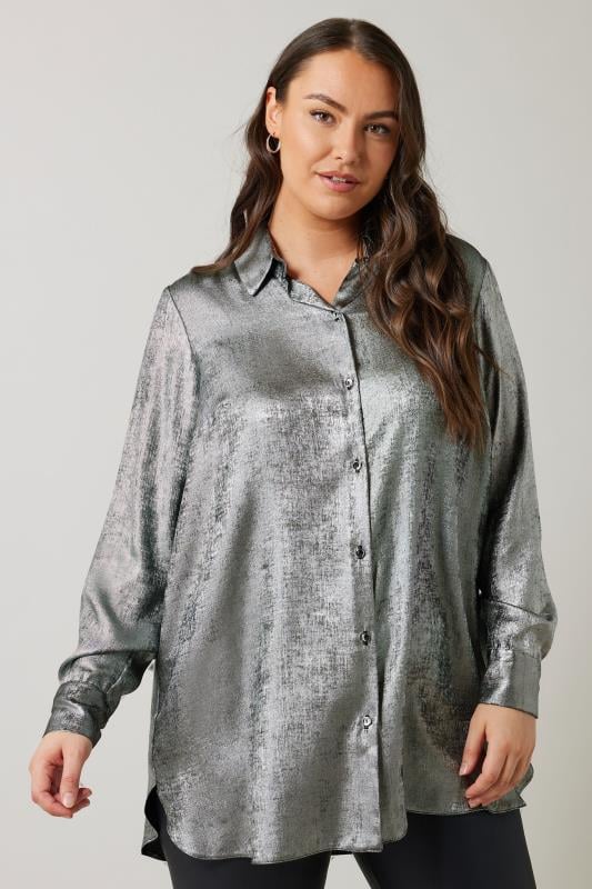  Grande Taille EVANS Curve Silver Satin Long Sleeve Shirt